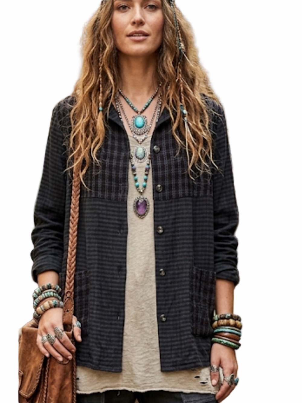 Earth Song Textured Tunic Top Blue Button Front Pockets Women’s 10